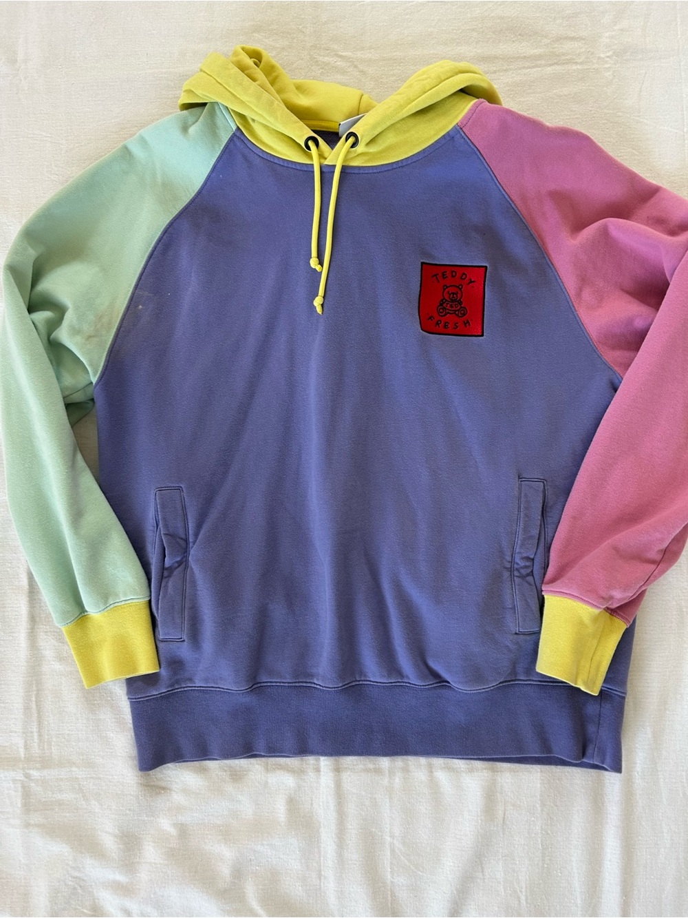 Teddy Fresh | Unisex XL Drawstring Hoodie Colorblock Colorful Pastels Purple - Picture 2 of 11